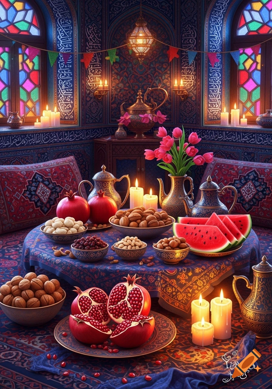 A lavish table setting with pomegranates, watermelon, and nuts, surrounded by lit candles and traditional Persian decor.