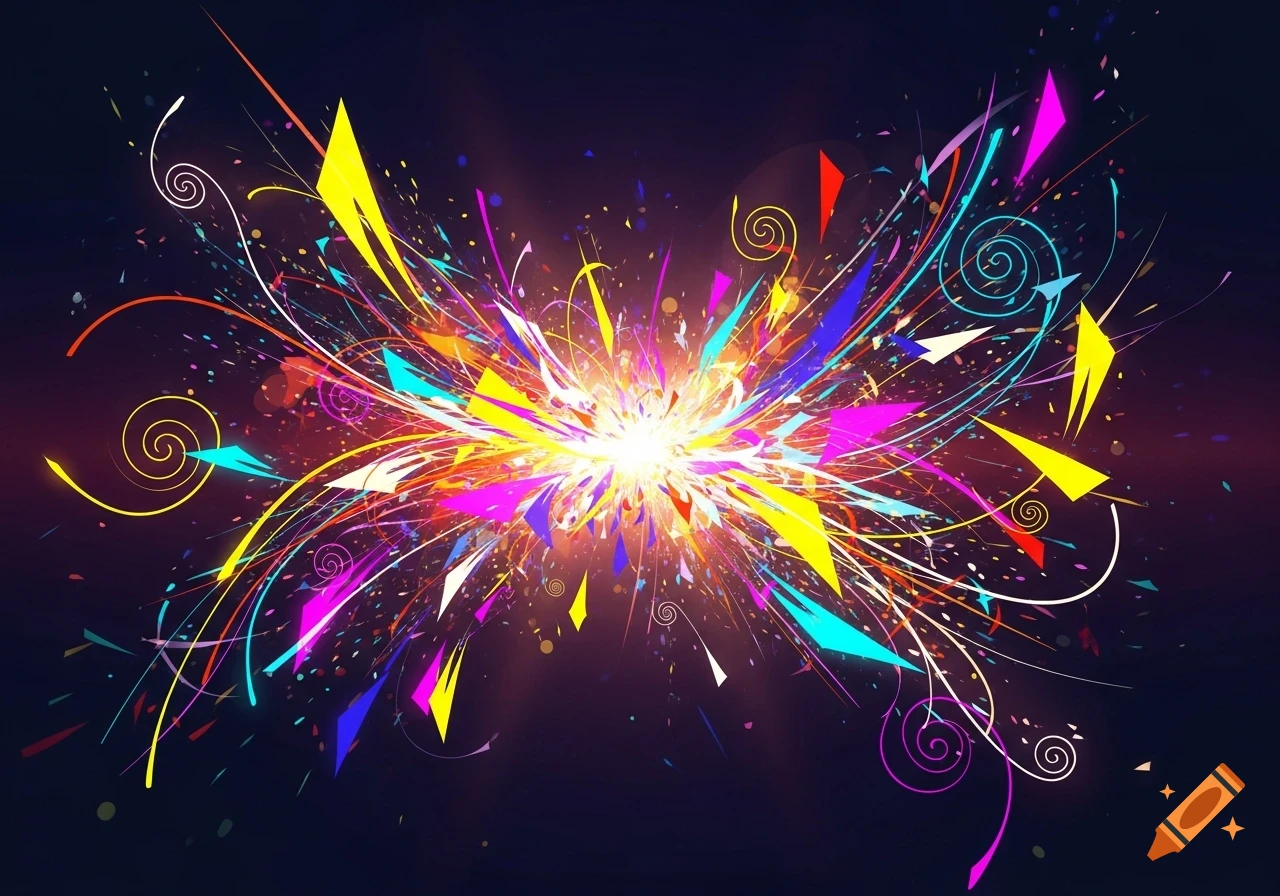 A vibrant abstract explosion of colorful lines, swirls, and geometric shapes against a dark background.