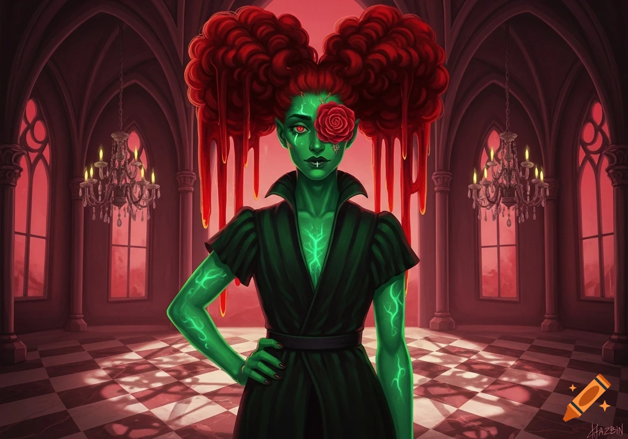 A stylized green-skinned character with red dripping, heart-shaped hair, a red rose covering one eye, and glowing green veins, stands in a gothic hall.
