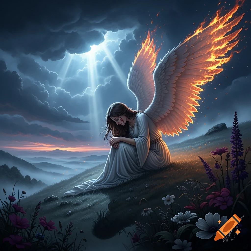 A sorrowful fallen angel with fiery wings sits on a grassy hill overlooking a misty valley under a dramatic, cloudy sky with sun rays.