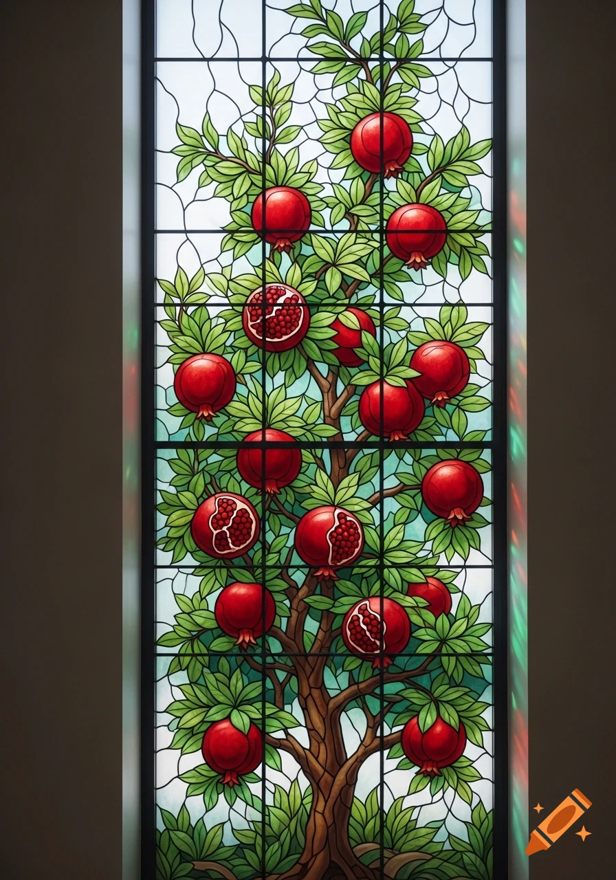 A vertical stained glass window depicts a tree laden with red pomegranates and green leaves against a light background.