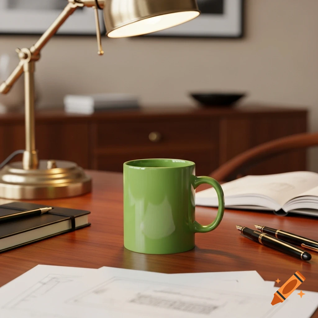 A vibrant green mug sits prominently on a wooden desk, surrounded by a brass desk lamp, pens, a notebook, and papers.