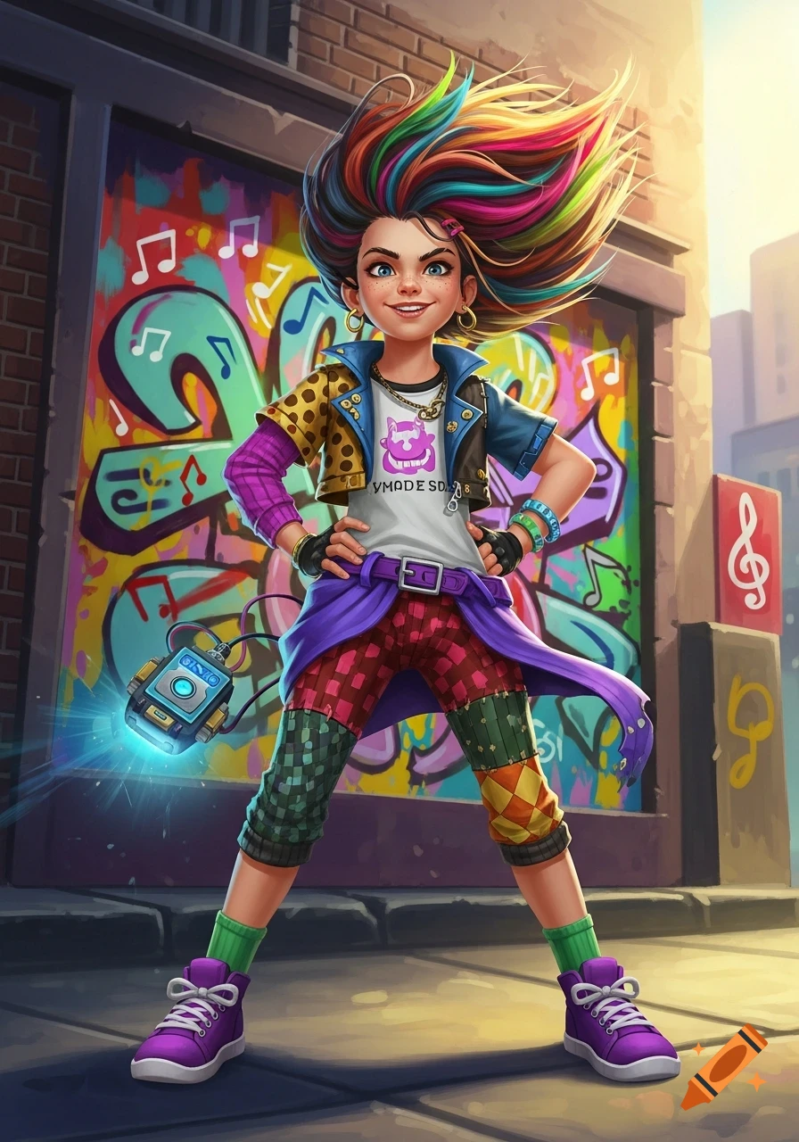 A vibrant cartoon girl with rainbow hair and a quirky outfit stands in front of graffiti, holding a glowing music player.