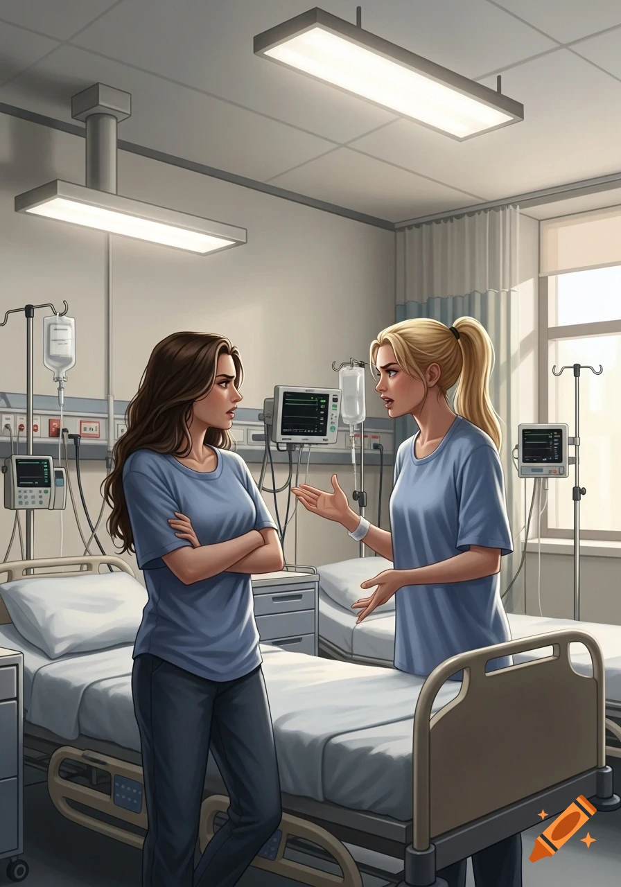 Two women, one with brown hair and one blonde, in light blue scrubs, arguing in a hospital room with medical equipment. Stylized illustration.