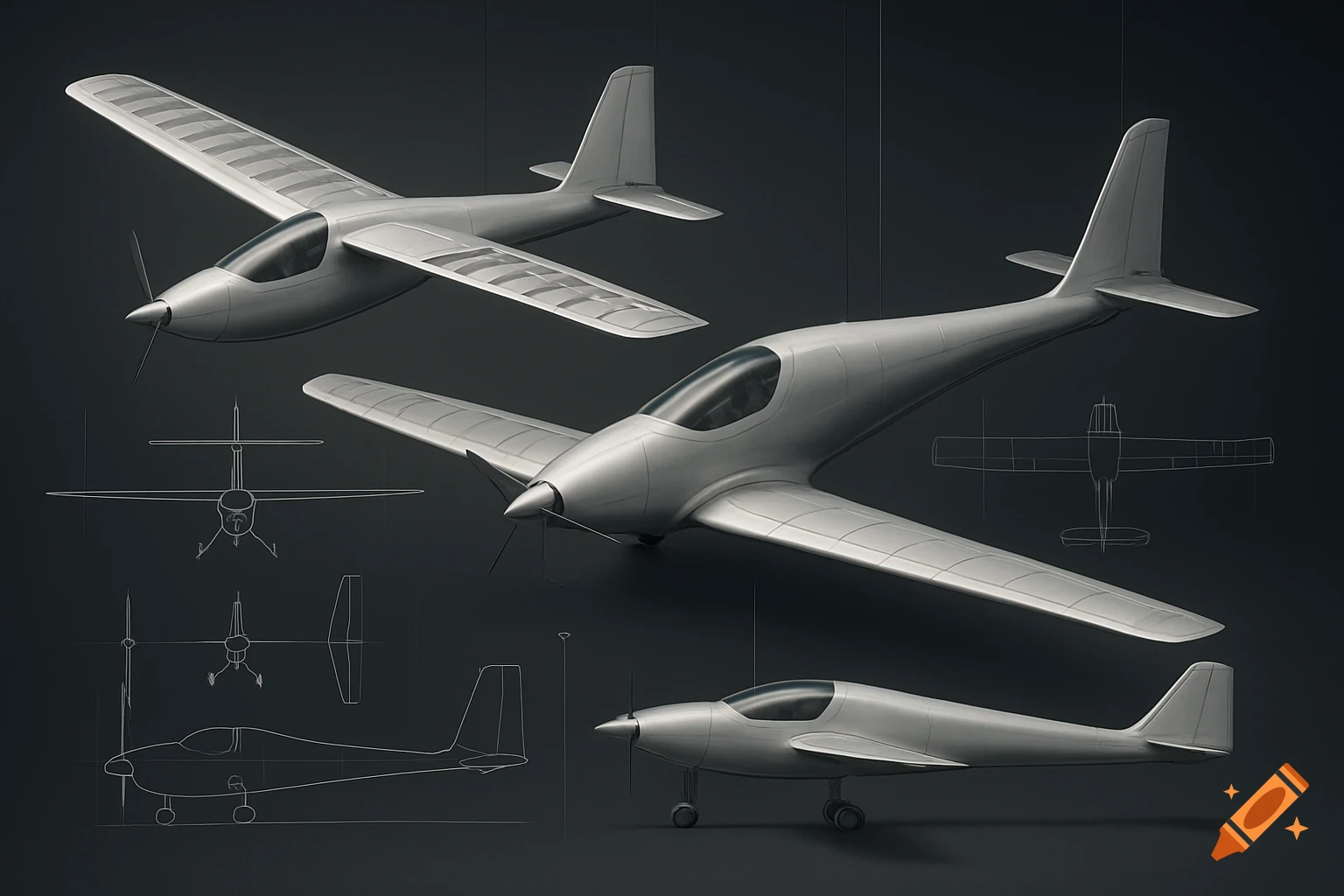 Three sleek, gray concept airplanes, two in 3D perspective and one in a side view, displayed with white line art blueprints on a dark background in a technical visualization style.