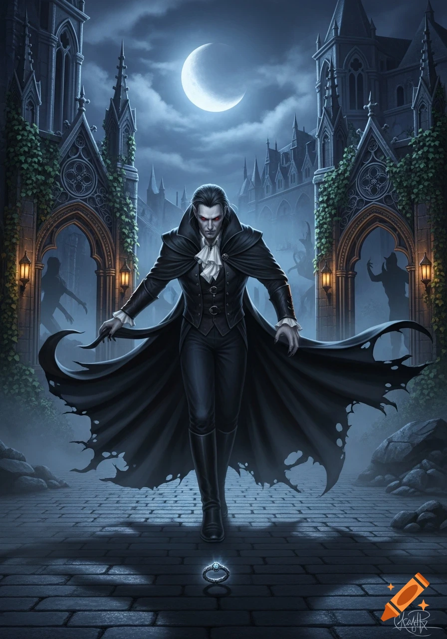 A dark fantasy illustration of a male vampire with red eyes and a black cape in a gothic courtyard under a crescent moon, looking at a glowing ring on the ground.