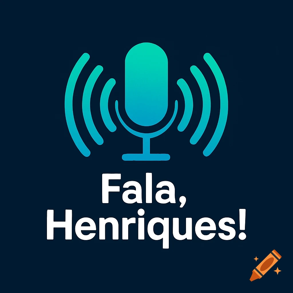 Podcast logo with a blue-green microphone icon emitting sound waves, and white text 'Fala, Henriques!' on a dark blue background.