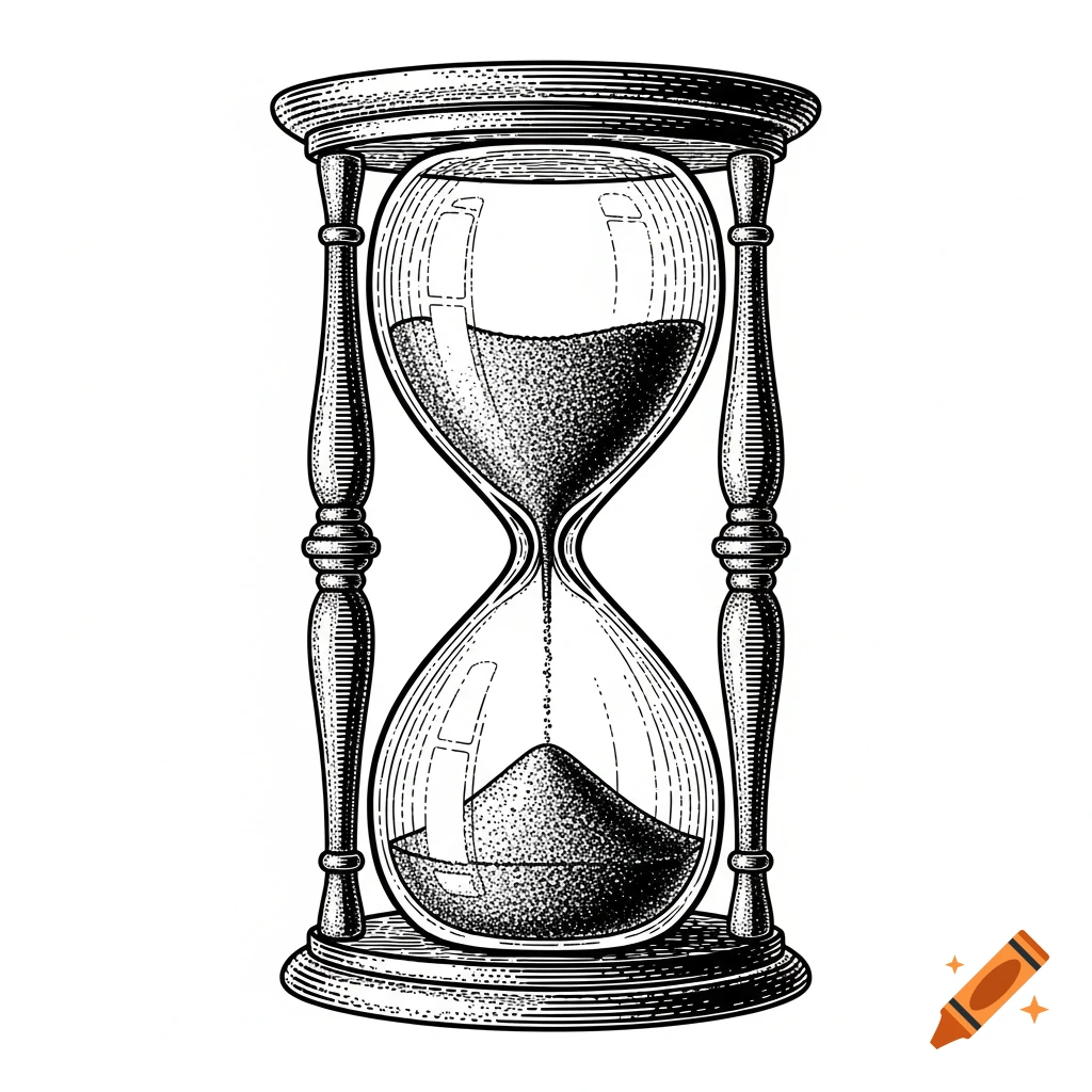A black and white copper engraving illustration of an hourglass with sand flowing.