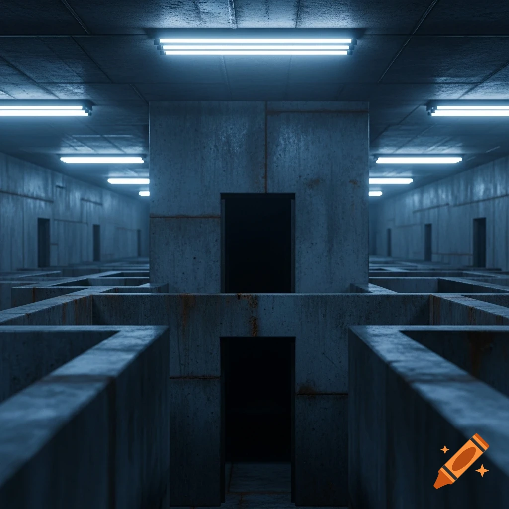 A first-person view of a dimly lit concrete labyrinth with glowing blue fluorescent lights on the ceiling, evoking a liminal and eerie atmosphere.