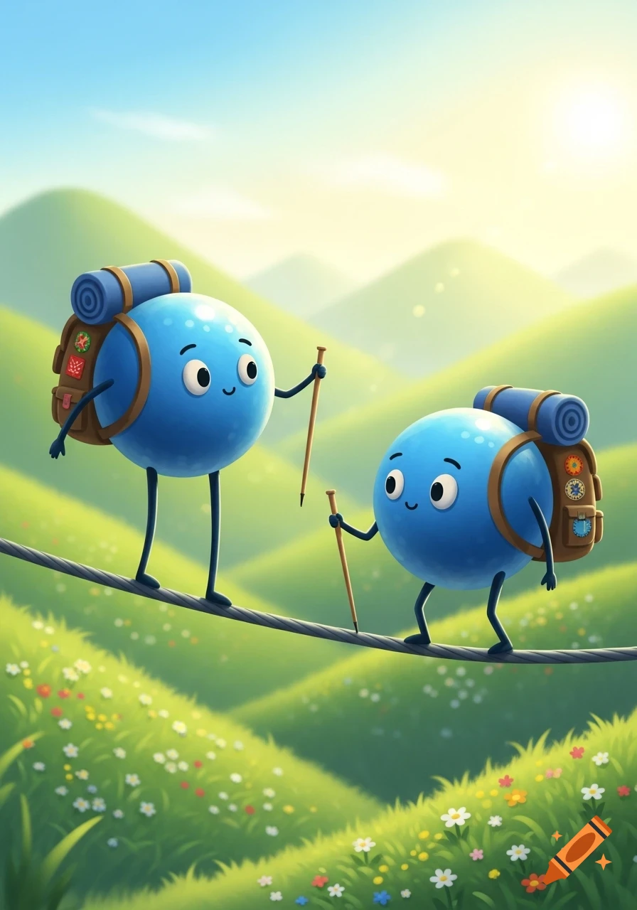 Two cute blue sphere characters with backpacks and hiking poles walk a tightrope over a vibrant green, flowery landscape under a sunny sky in a cartoon style.