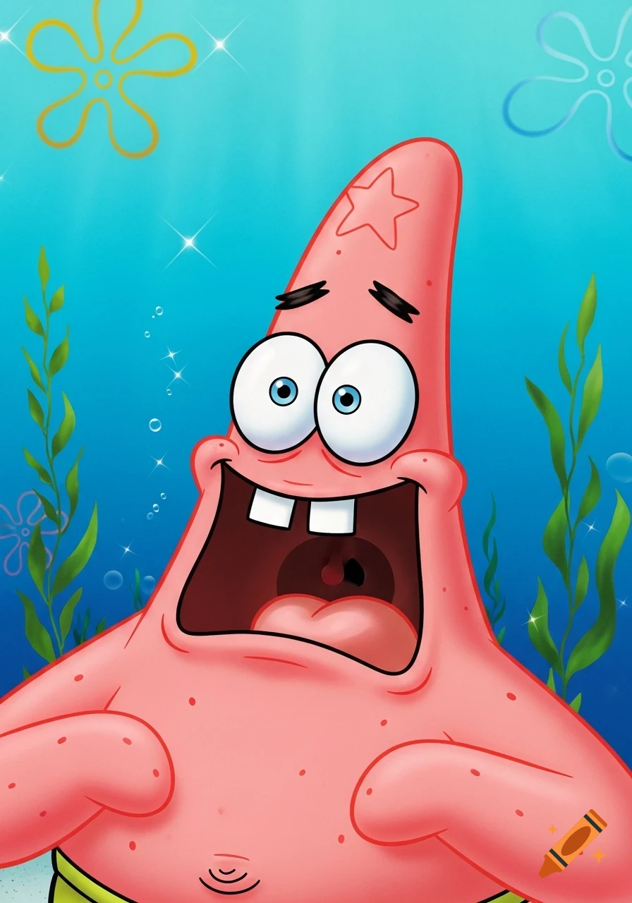 Cartoon illustration of Patrick Star from Spongebob Squarepants with wide eyes and an open mouth, underwater.