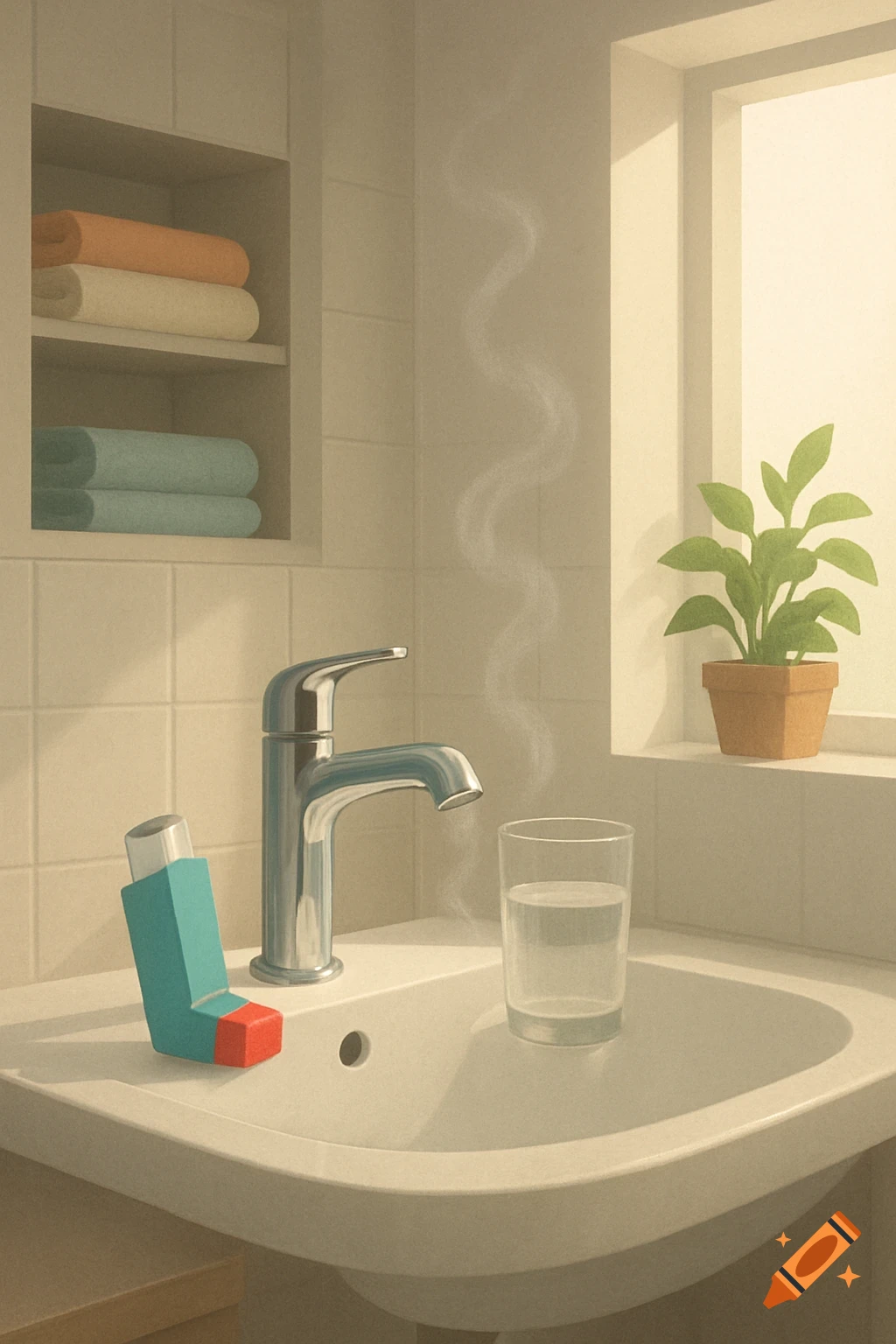 A stylized illustration of a bathroom sink with an inhaler, a glass of water, a chrome faucet, and a potted plant.