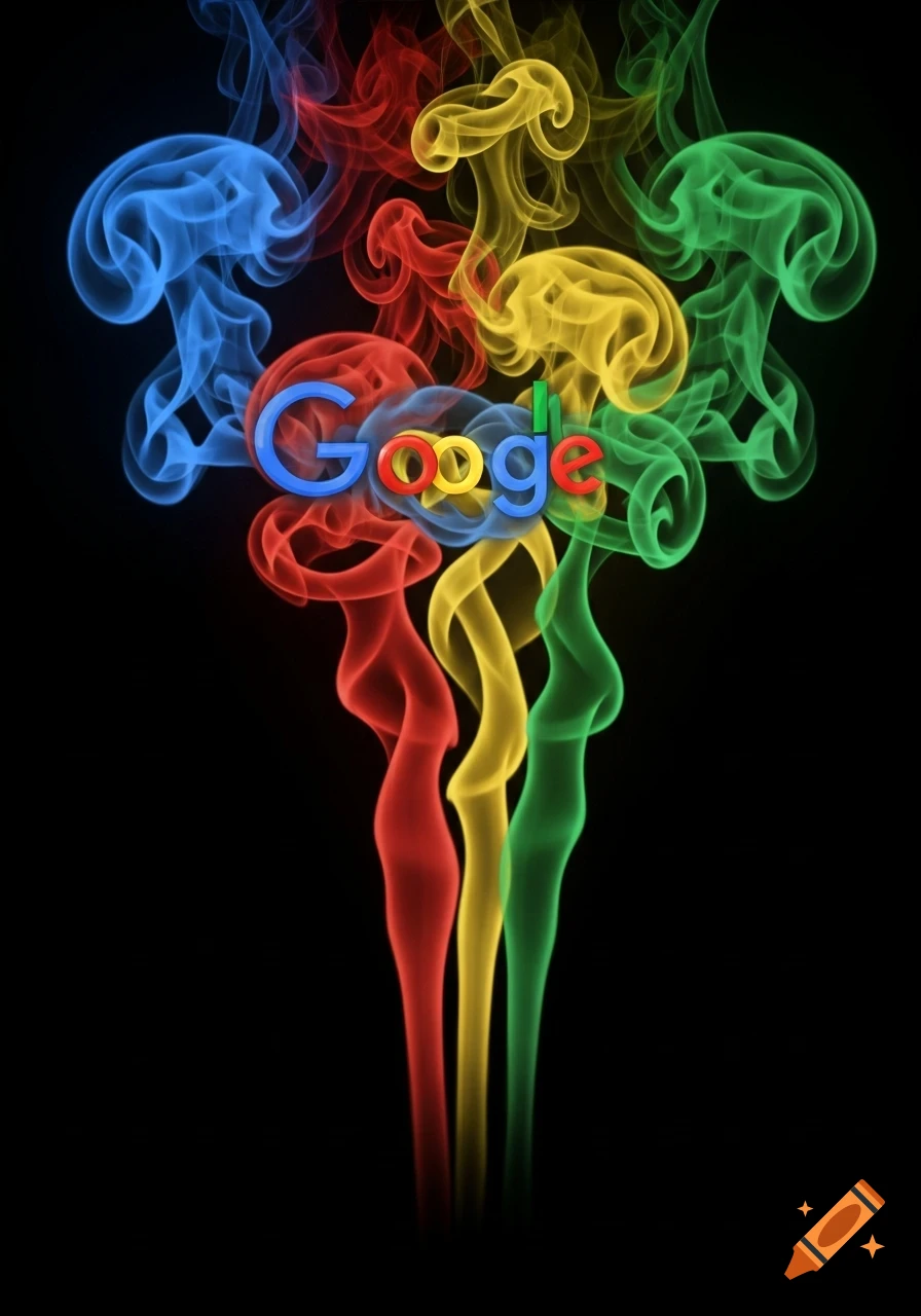 The Google logo in its iconic blue, red, yellow, and green colors, surrounded by swirling smoke plumes of the same colors on a black background.