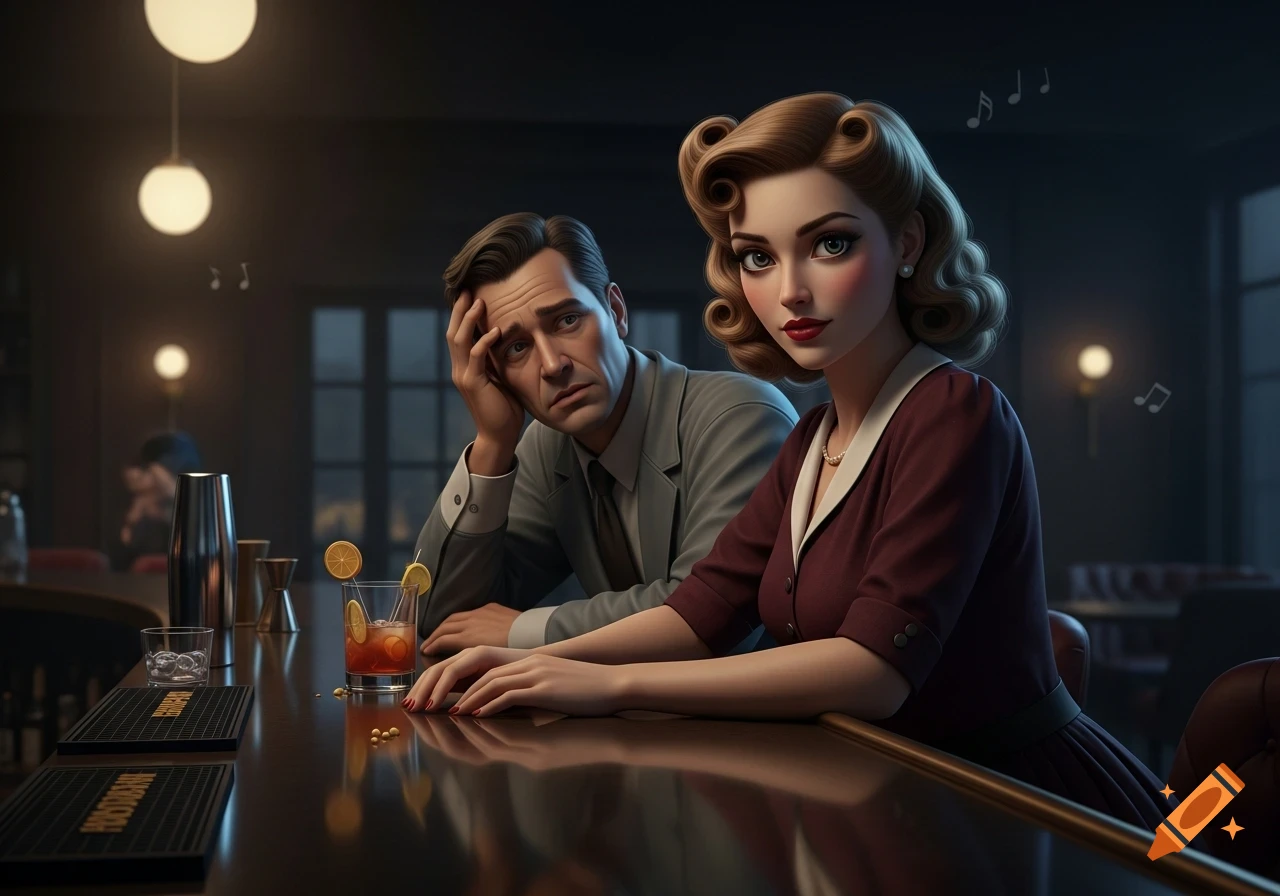 A man and a 1940s-style woman sit at a dark bar counter. The man looks pensive, while the woman looks directly at the viewer.