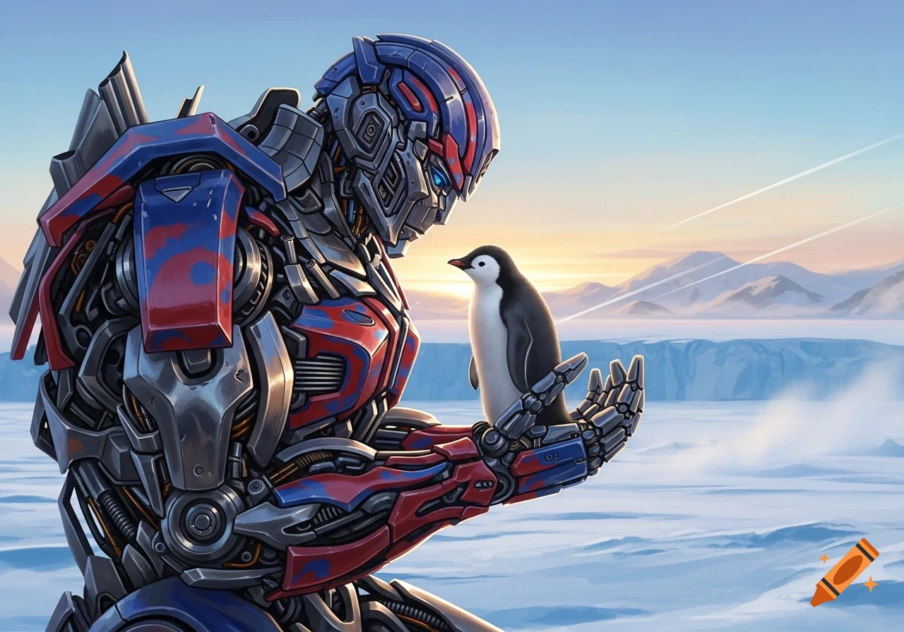 A detailed red and blue robot, Optimus Prime, gently holds a small black and white penguin in his hand in a vast icy landscape under a soft sunset sky.