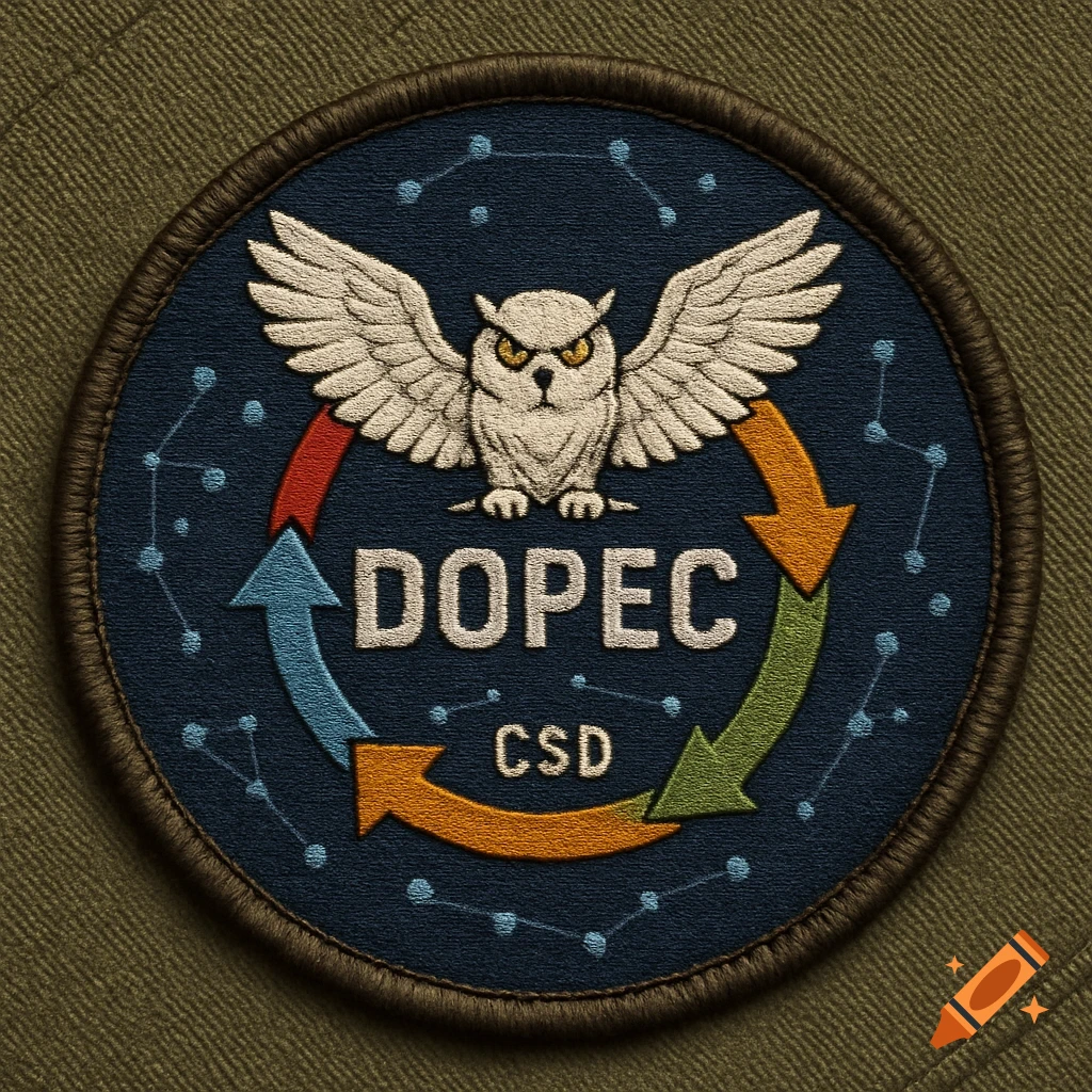 A dark blue embroidered military patch featuring a white owl with spread wings, 'DOPEC' and 'CSD' text, and four colored arrows forming a cycle.