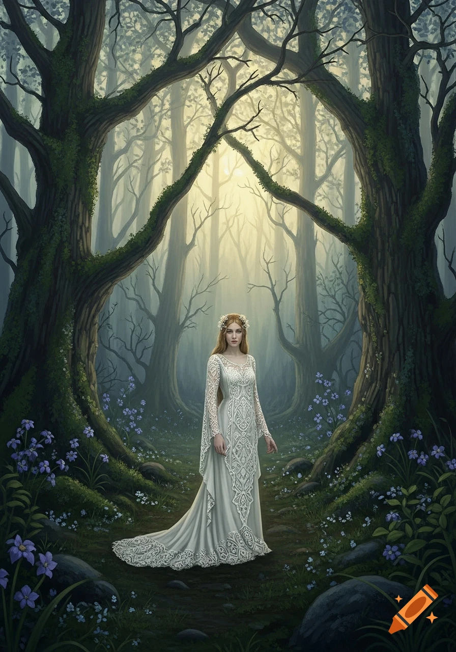 An ethereal woman in a white lace dress stands in a mystical, moss ...