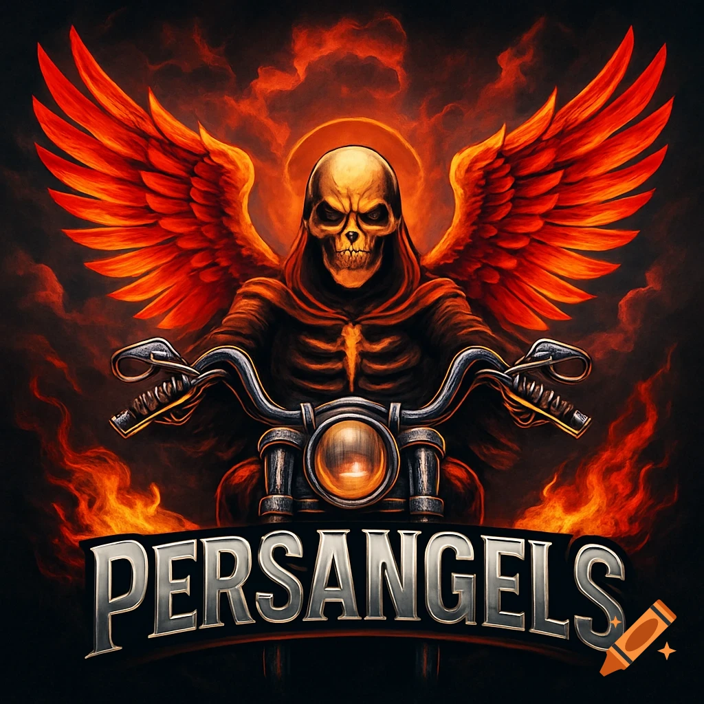 A grim reaper skull with fiery red wings on a motorcycle, surrounded by flames, with 'PERSANGELS' text.
