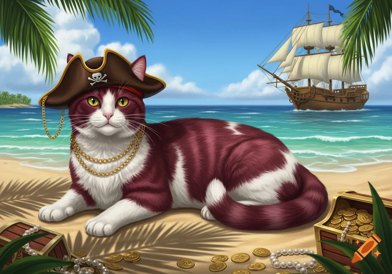 A cartoon maroon and white pirate cat with a hat and gold chains lies on a sandy beach next to treasure, with a ship in the sea.