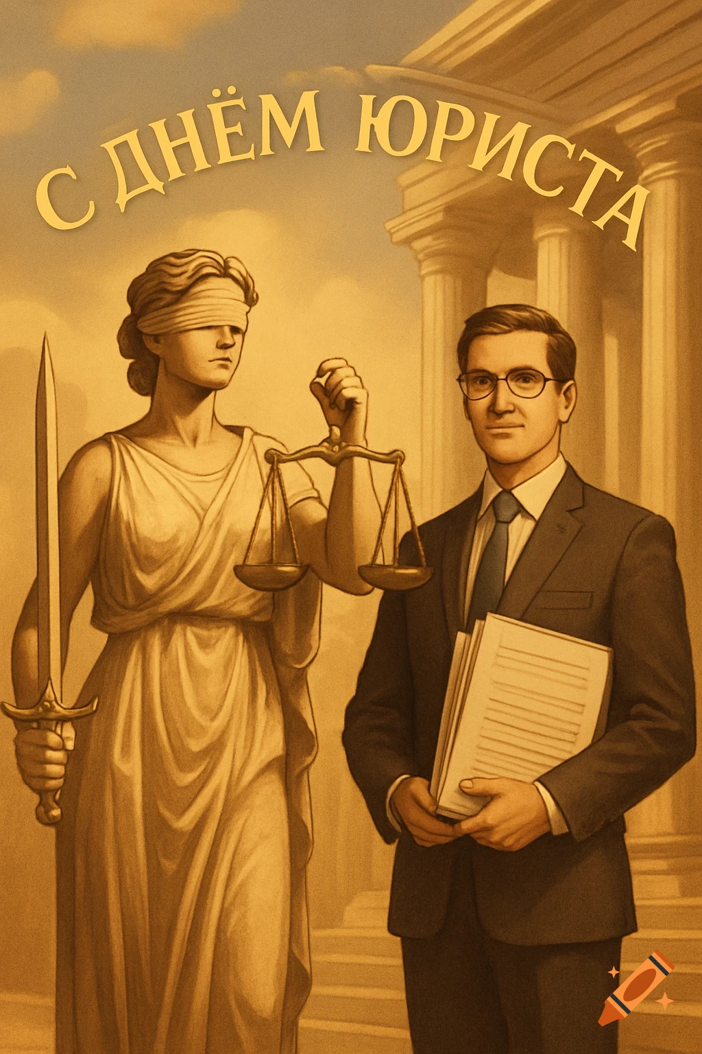 Sepia illustration of Lady Justice with a sword and scales beside a lawyer holding papers, under text 'Happy Lawyer's Day'.