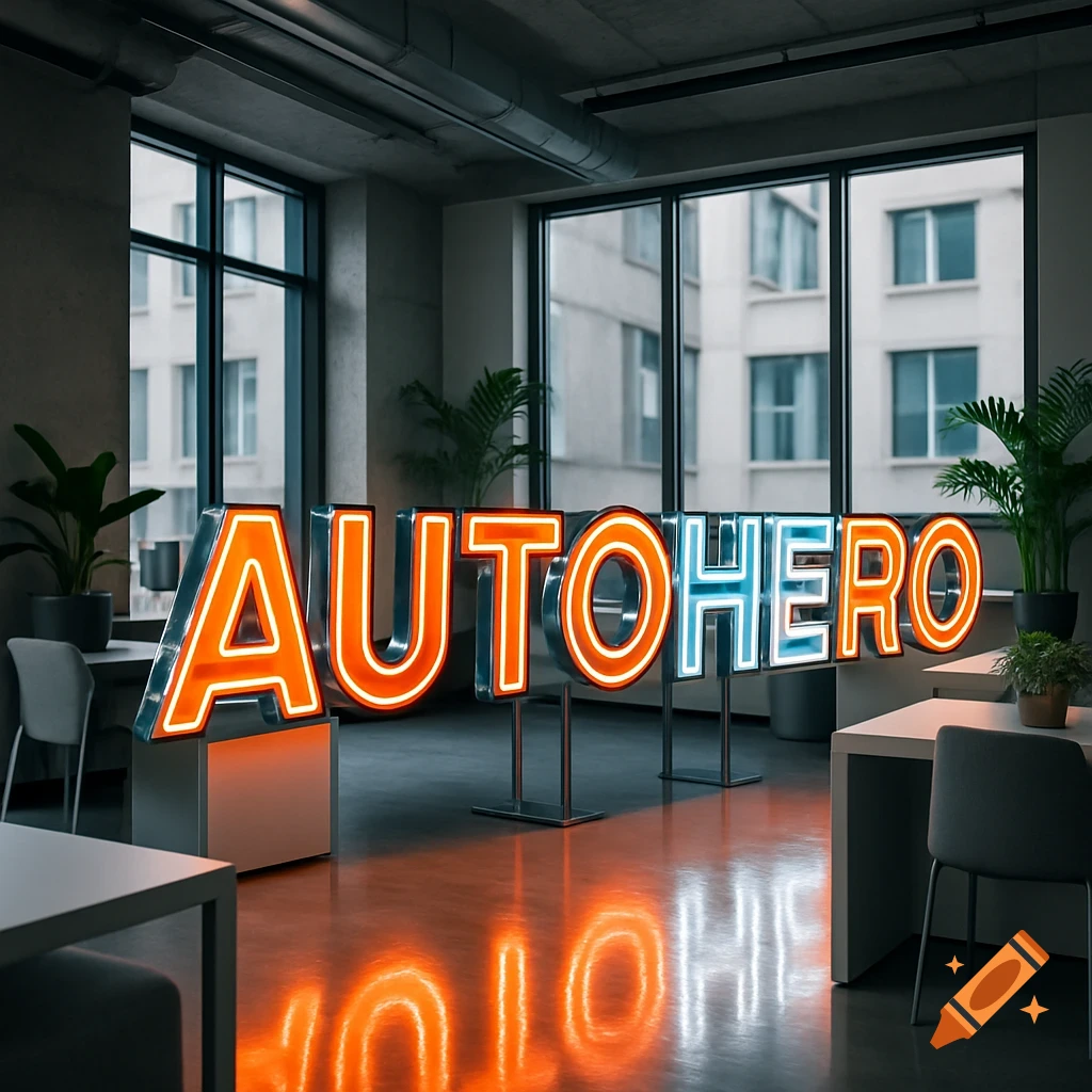 A modern office interior featuring a large, glowing neon sign spelling 'AUTOHERO' in orange and blue letters, with reflections on the floor.