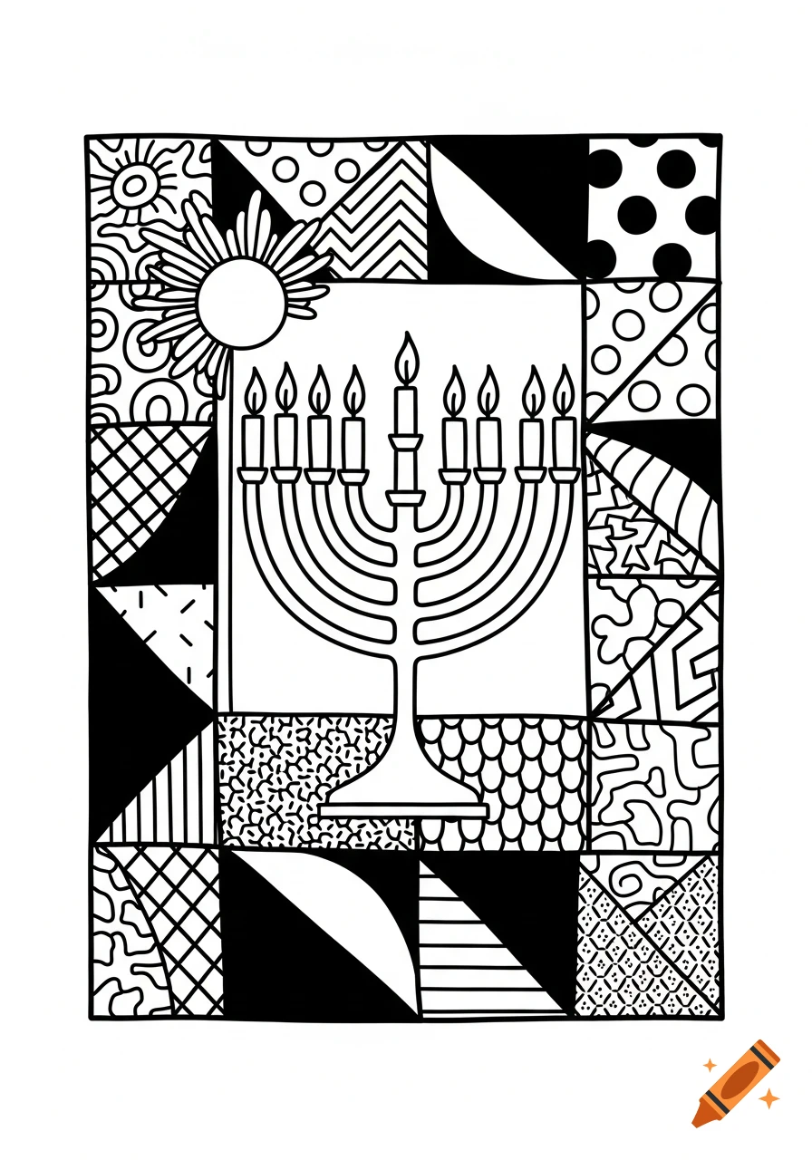 Black and white pop-art illustration of a menorah with candles, surrounded by playful geometric patterns, in a clean coloring-page style.