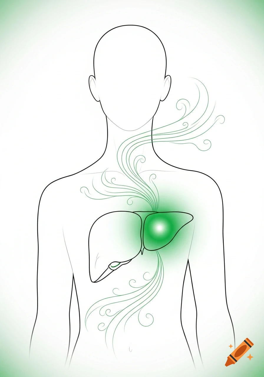 Minimalist outline of human torso with glowing green liver and swirling green energy lines on white background.