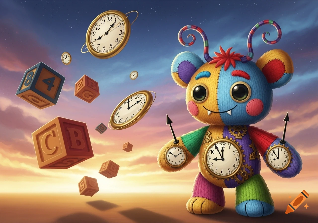 A whimsical patchwork monster with clocks on its body stands in a desert-like landscape, surrounded by floating clocks and letter blocks at sunset.