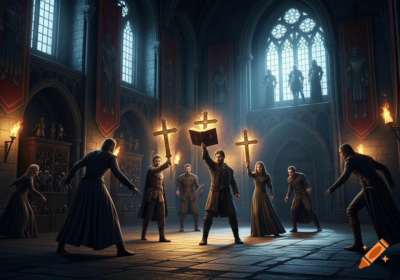 People in a gothic castle wielding glowing crosses and a bible against unseen foes in a dramatic, dark fantasy scene.