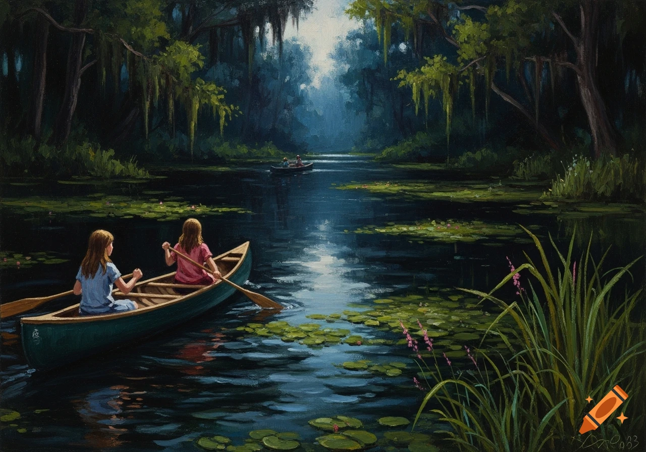Impressionistic painting of two girls in a canoe on a dark, swampy river, surrounded by dense foliage and lily pads.
