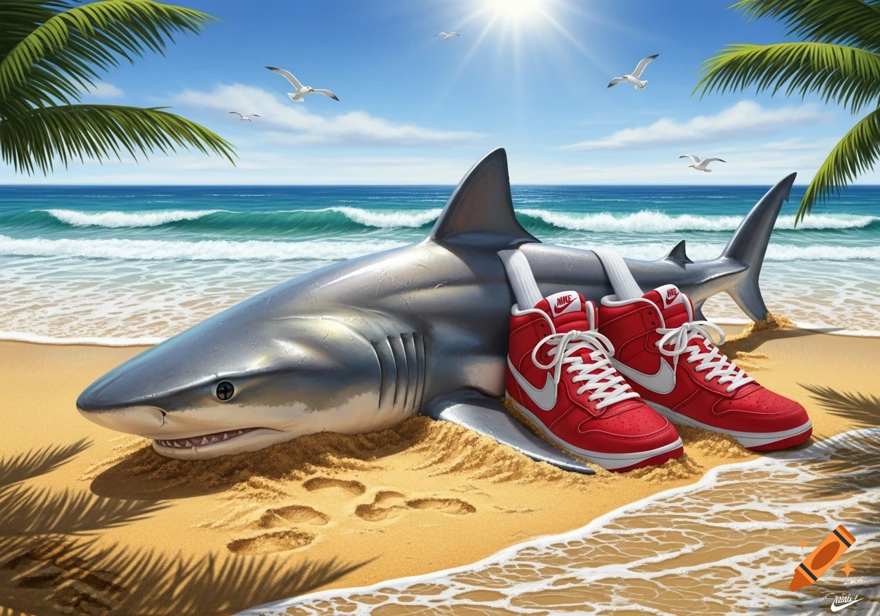 A cartoonish silver shark wearing red Nike high-top sneakers lies on a sandy beach under a bright sun, with ocean waves and palm fronds.