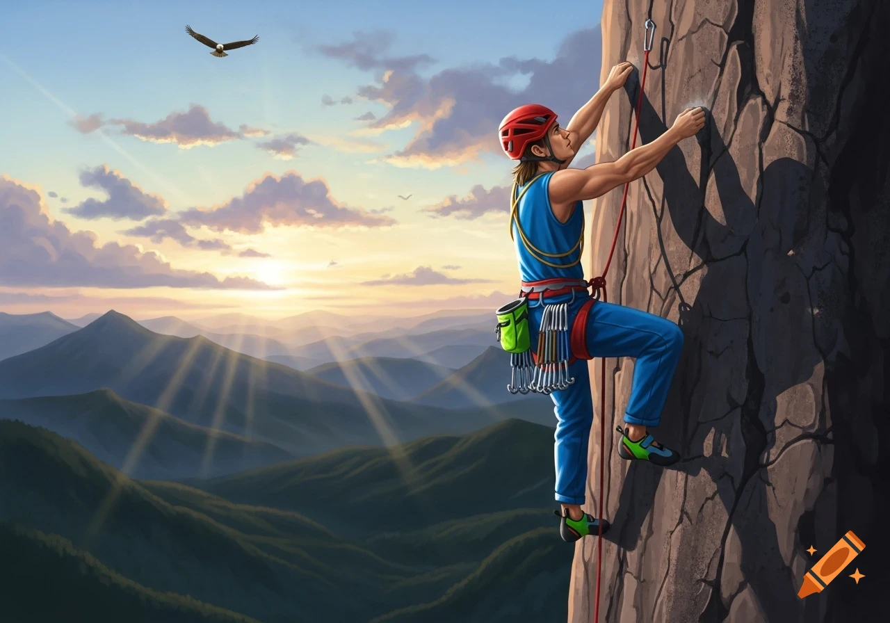 A person in a red helmet and blue climbing gear ascends a rock face at sunset with mountains and an eagle in the background.