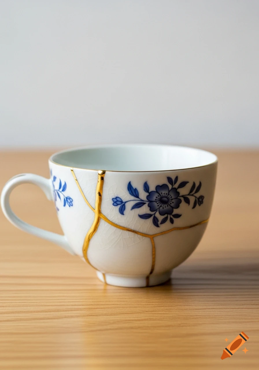 A white porcelain teacup with blue floral patterns, repaired using the Kintsugi technique with gold seams, on a light wooden surface.