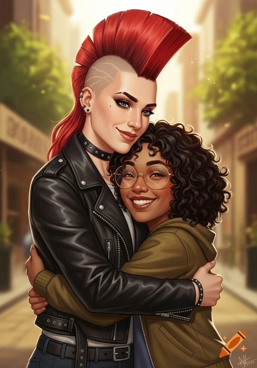 Stylized illustration of two women hugging, one with a red mohawk and leather jacket, the other with curly hair and glasses, both smiling outdoors.