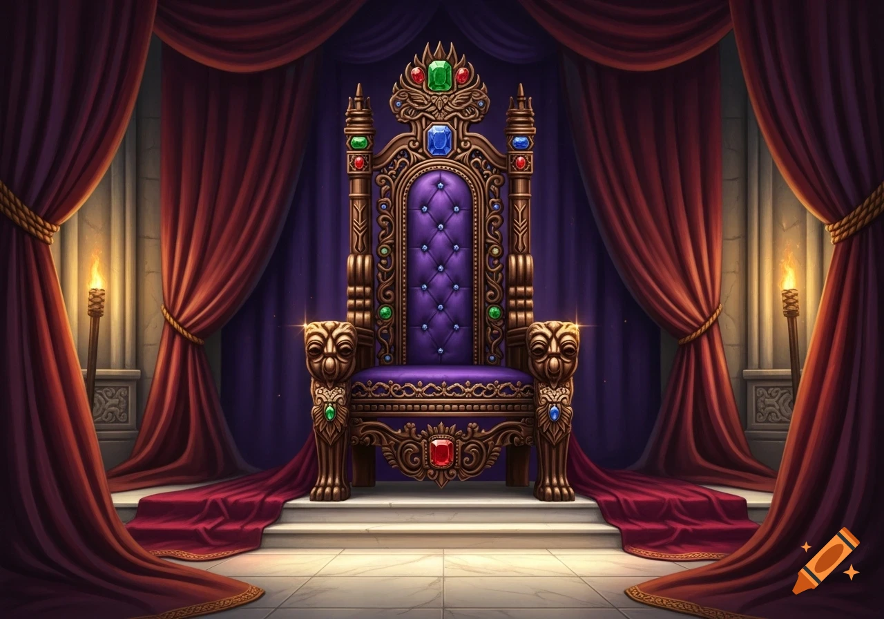 A majestic golden and purple royal throne, adorned with many colorful gemstones, set within a grand room with red and purple curtains and torchlit walls.
