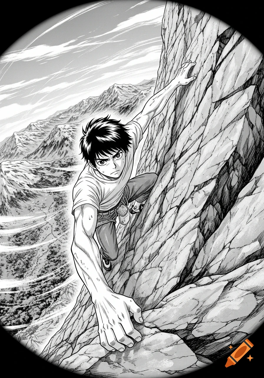 Black and white manga illustration of a determined male climber scaling a rock face, mountains in the background, through a fish-eye lens.