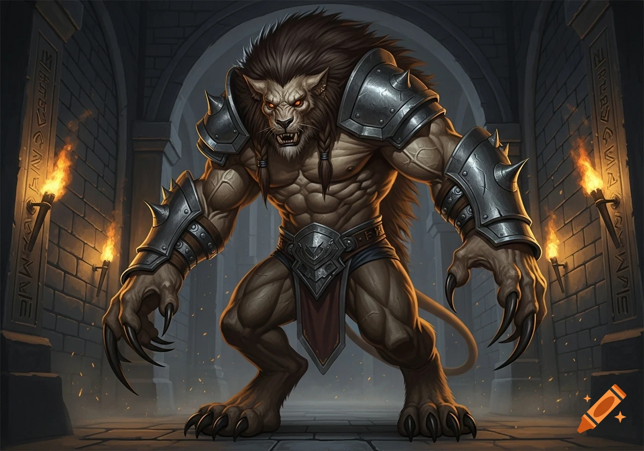 Muscular, armored leonin berserker with long claws stands defiantly in a torch-lit dungeon, detailed fantasy art.