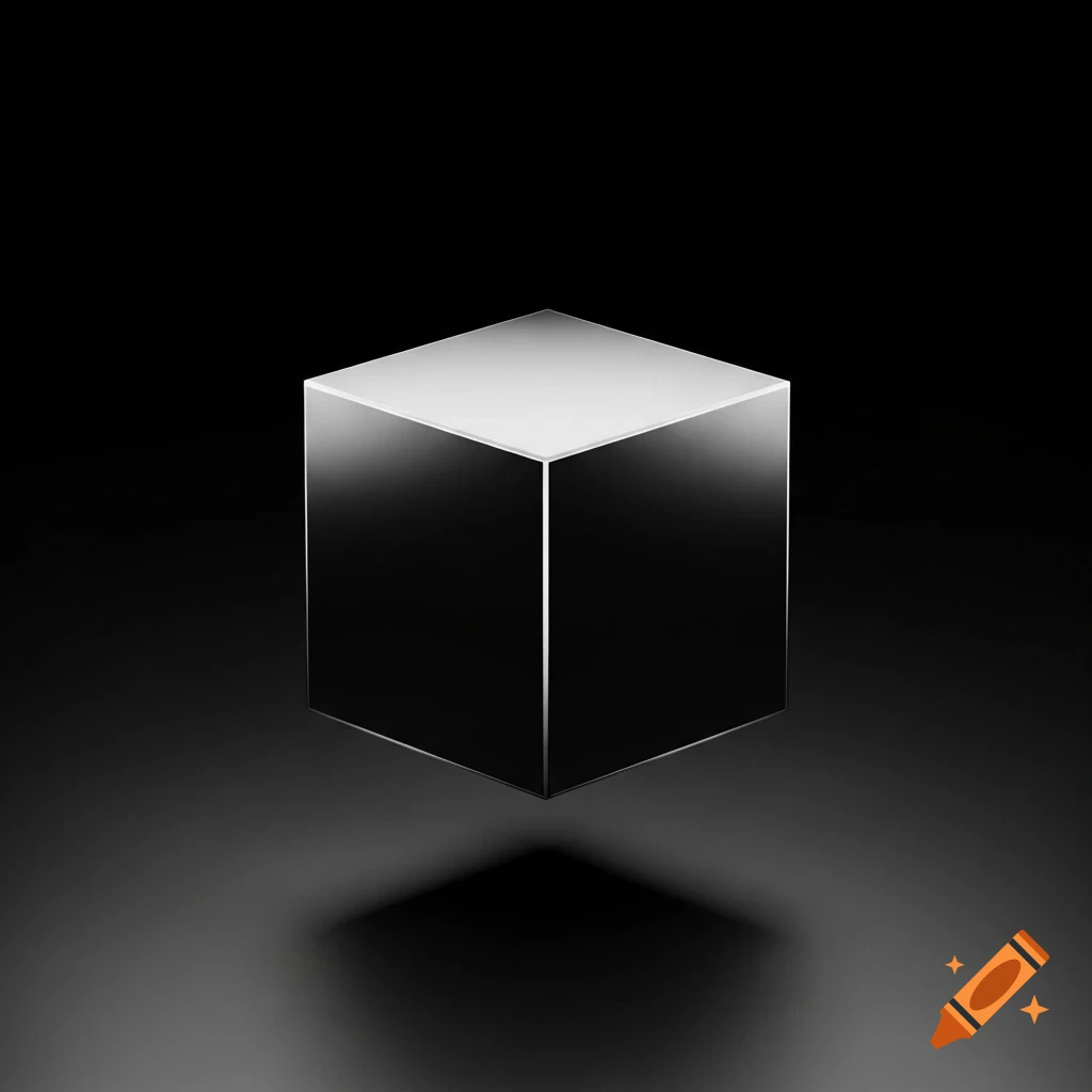 A metallic black cube with reflective surfaces floats above a dark, reflective floor, casting a shadow.