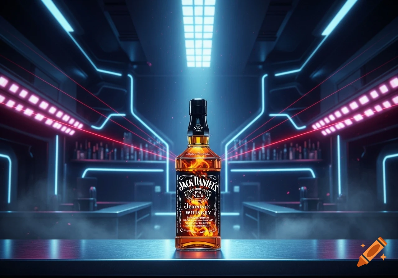 A bottle of Jack Daniel's Tennessee Whiskey with flames inside stands on a reflective bar counter, surrounded by neon blue and red lights in a techno-style bar.
