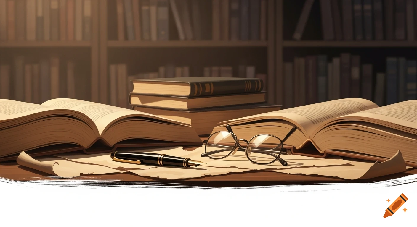 An atmospheric, painterly image of a desk in a library with open books, a pen, and glasses in warm, soft light, with blurred bookshelves in the background.