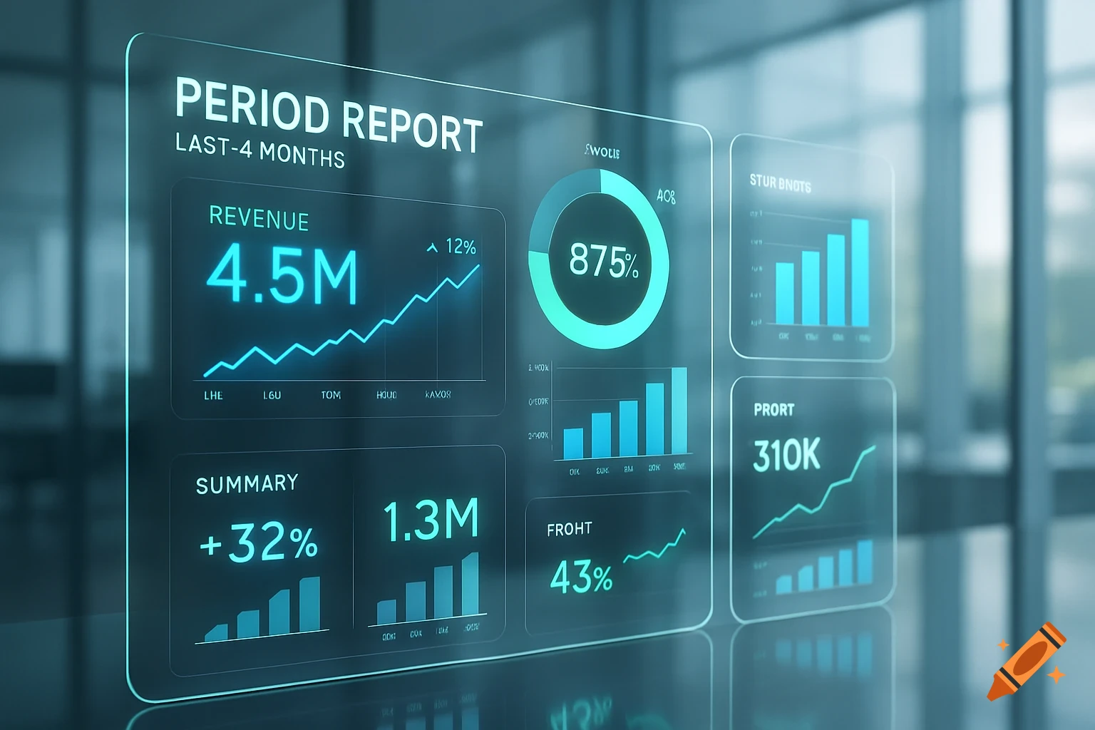 A futuristic digital report dashboard displaying various charts, graphs, and financial data in glowing blue and teal on a transparent screen in an office setting.