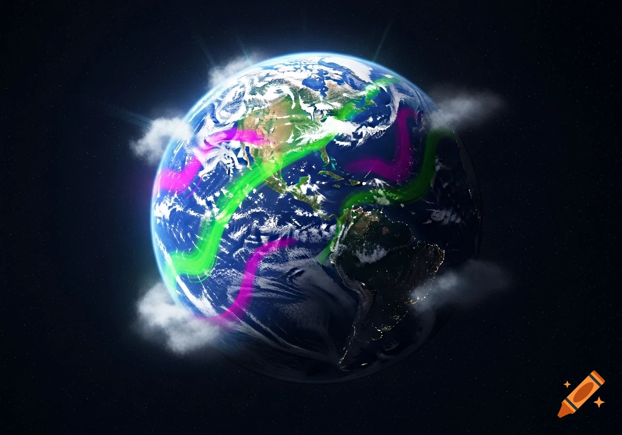 Earth from space, covered in bright neon green and pink swirling lines, against a starry dark background.
