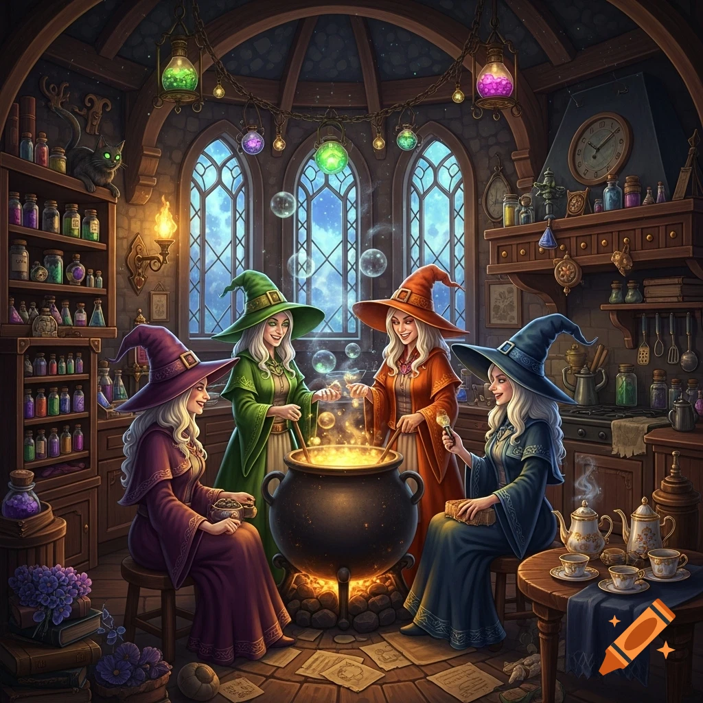 Four witches stir a glowing cauldron in a highly detailed, magical kitchen filled with potions, overlooking a starry night.