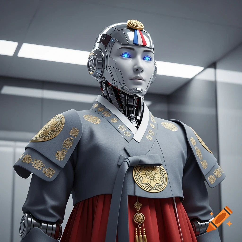 A metallic robot with glowing blue eyes wears a traditional Korean hanbok-style garment in shades of gray and red, in a futuristic setting.