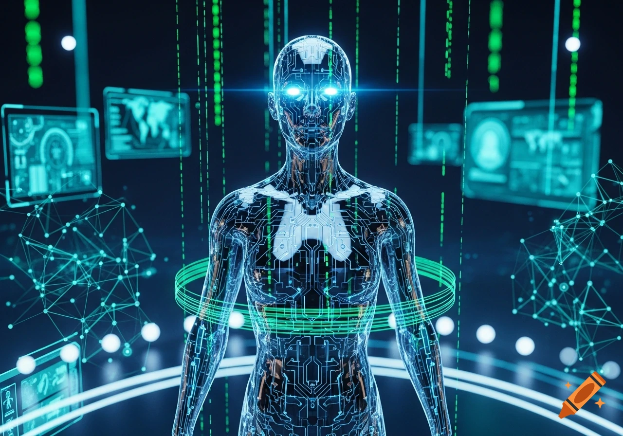 A translucent, circuit-patterned human figure with glowing eyes stands amidst a dark digital environment with glowing green data streams and UI screens.