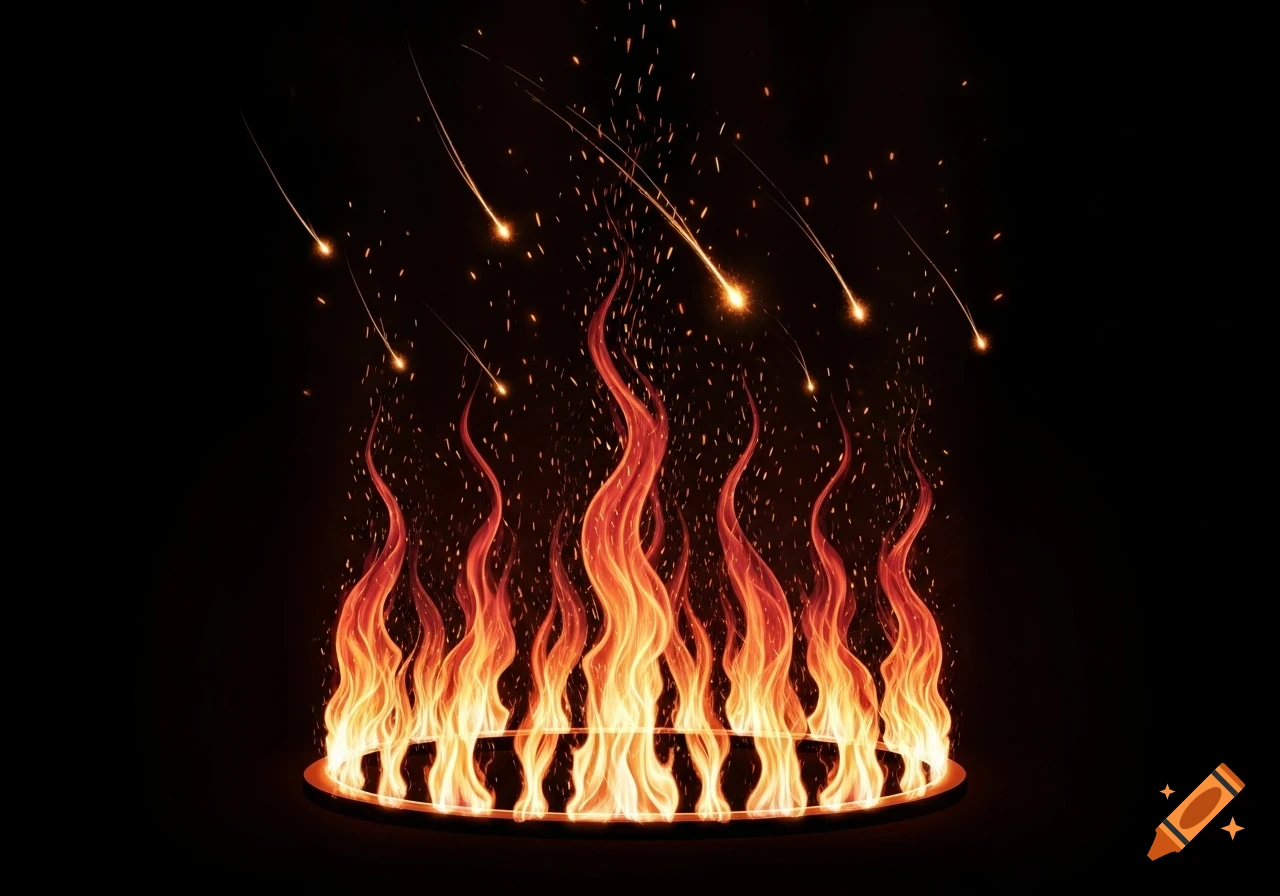 Vibrant red and orange flames rise from a golden ring, with sparks and meteoric streaks against a black background.