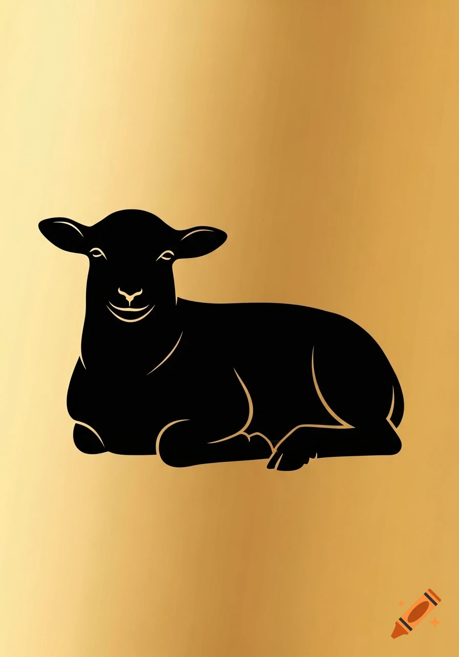 A black silhouette of a lamb lying down against a radiant gold background in a simple style.