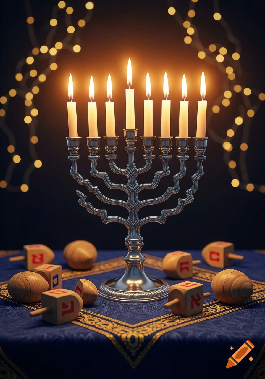 A silver menorah with nine lit candles stands on a blue cloth with gold trim, surrounded by wooden dreidels and decorative lights.