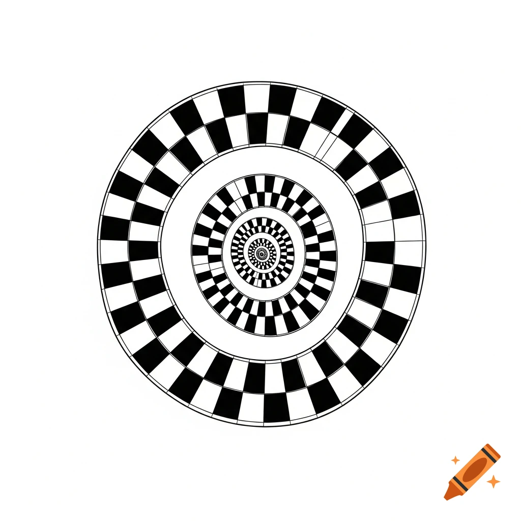 A black and white checkerboard spiral pattern, resembling a snail shell, creating an optical illusion.