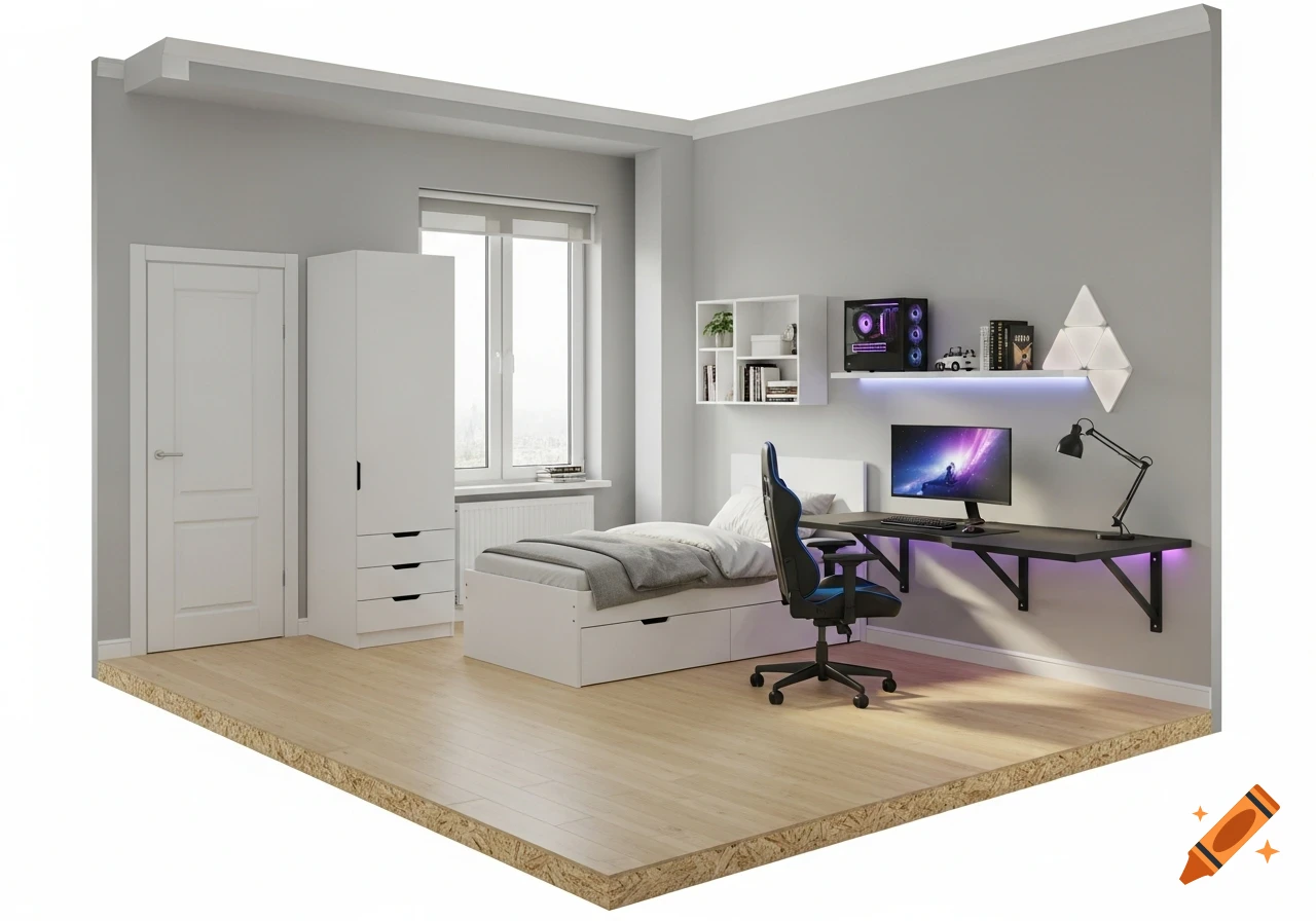 Modern minimalist gamer room with light gray walls, wood floor, floating L-desk with RGB lighting, gaming PC, chair, bed, and wardrobe.